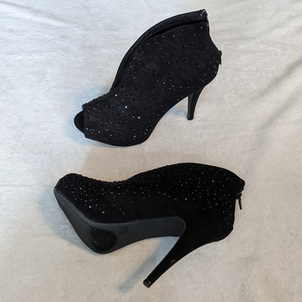 High heel ankle boots black rhinestones
